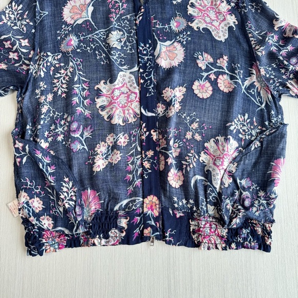 JOSIE NATORI Floral Bomber Jacket Size S Navy Pink Paisley Boho Lightweight - Picture 9 of 11